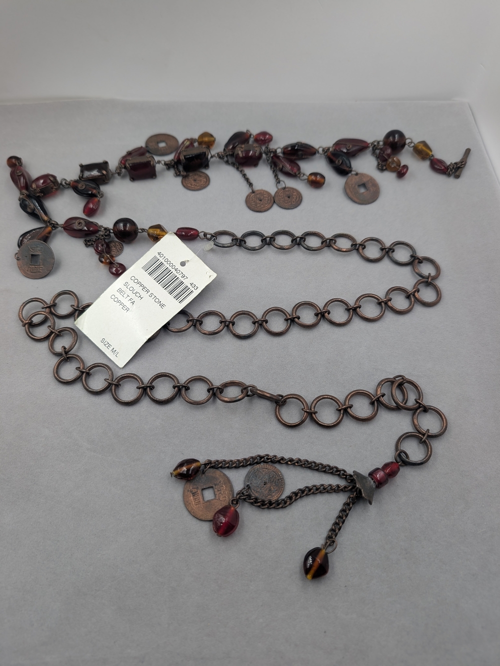 Chico’s Copper Stone Slouch Belt Coin Charm Beaded M/L NWT | 1018